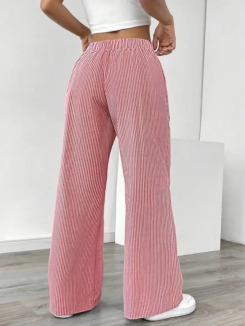 Women's Linen Wide-Leg Trousers with Vertical Stripes and Drawstring Waist | Lightweight Summer Trousers with Pockets | Koossa
