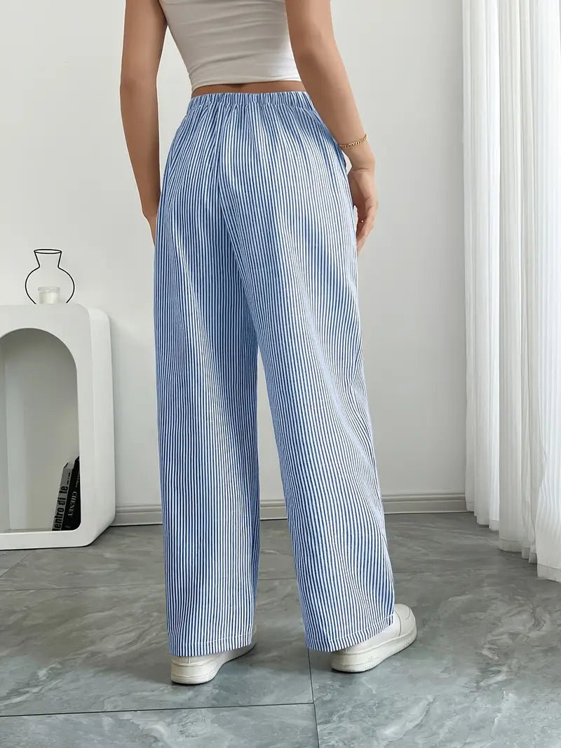 Women's Linen Wide-Leg Trousers with Vertical Stripes and Drawstring Waist | Lightweight Summer Trousers with Pockets | Koossa