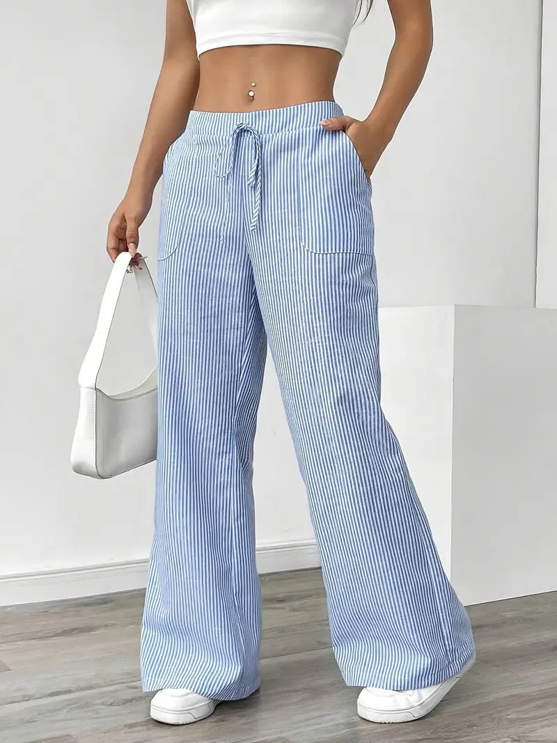 Women's Linen Wide-Leg Trousers with Vertical Stripes and Drawstring Waist | Lightweight Summer Trousers with Pockets | Koossa