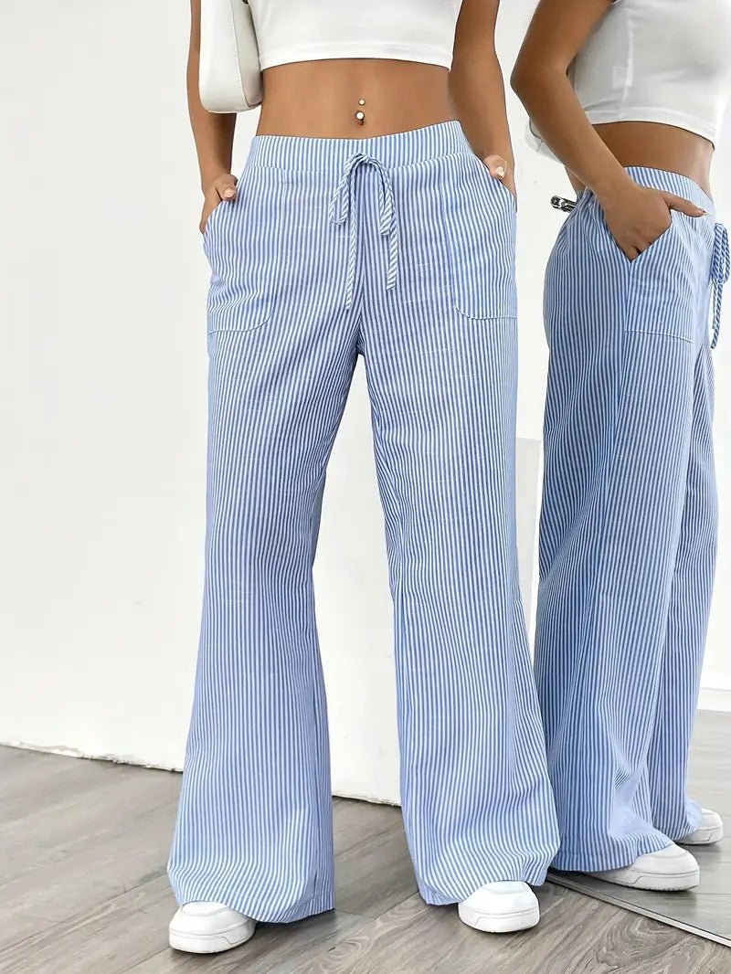 Women's Linen Wide-Leg Trousers with Vertical Stripes and Drawstring Waist | Lightweight Summer Trousers with Pockets | Koossa