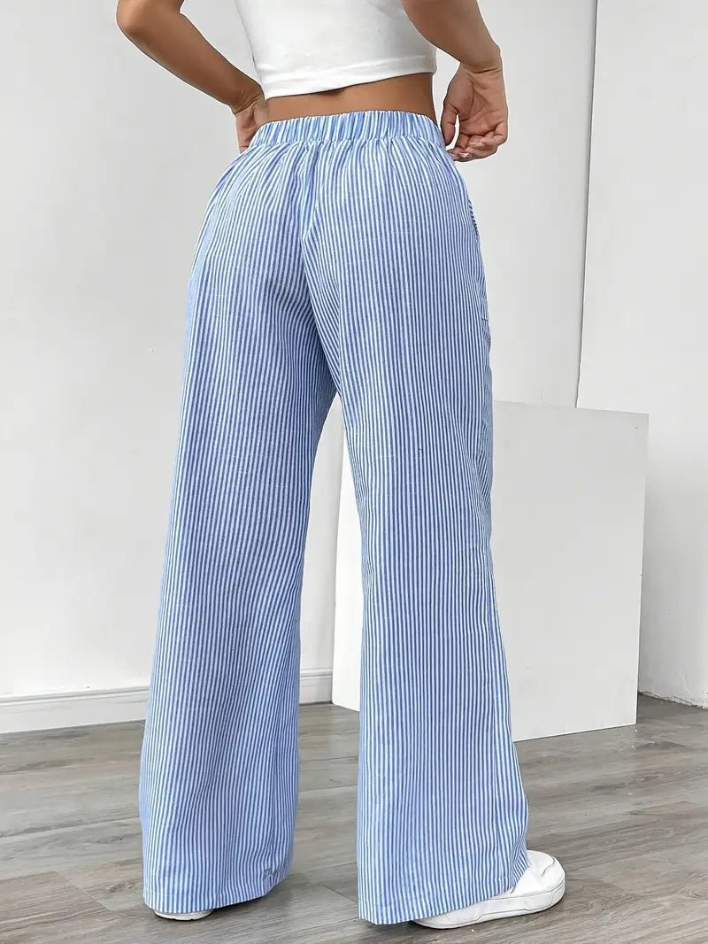Women's Linen Wide-Leg Trousers with Vertical Stripes and Drawstring Waist | Lightweight Summer Trousers with Pockets | Koossa