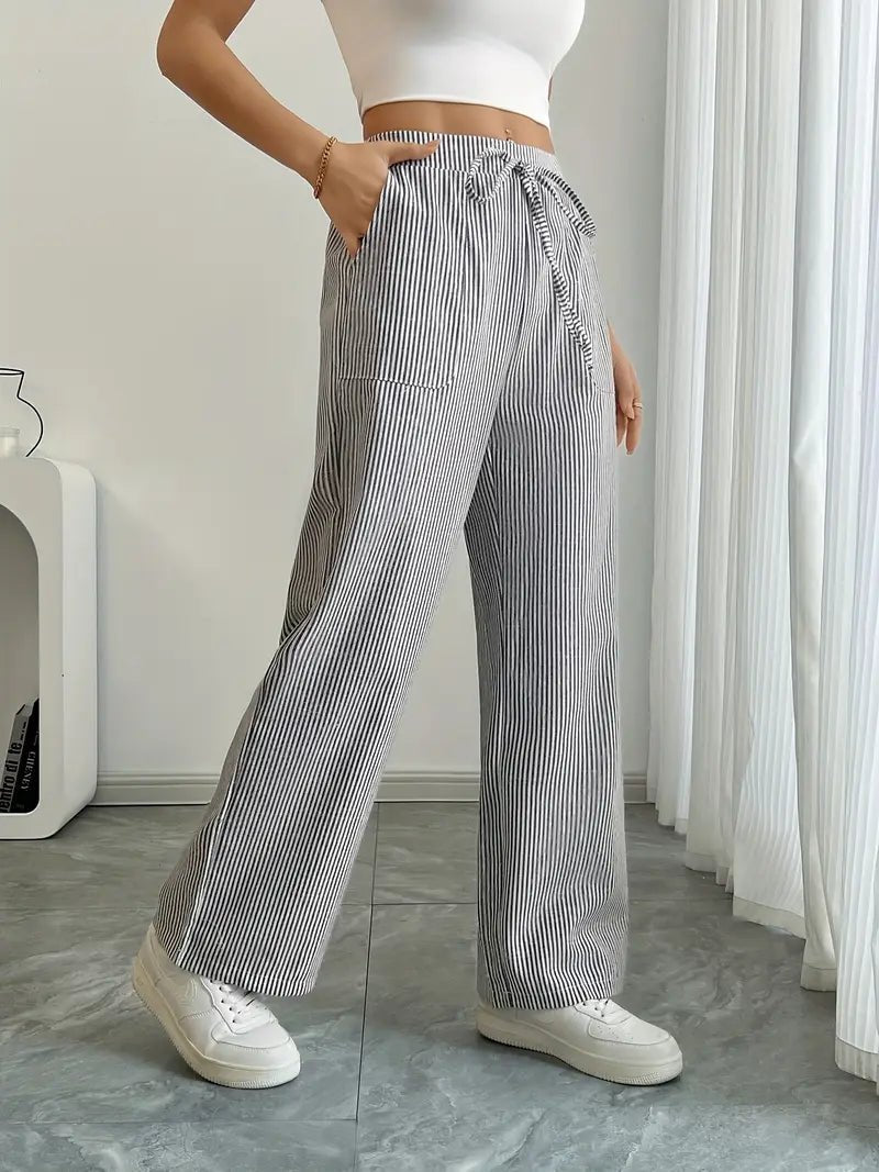 Women's Linen Wide-Leg Trousers with Vertical Stripes and Drawstring Waist | Lightweight Summer Trousers with Pockets | Koossa
