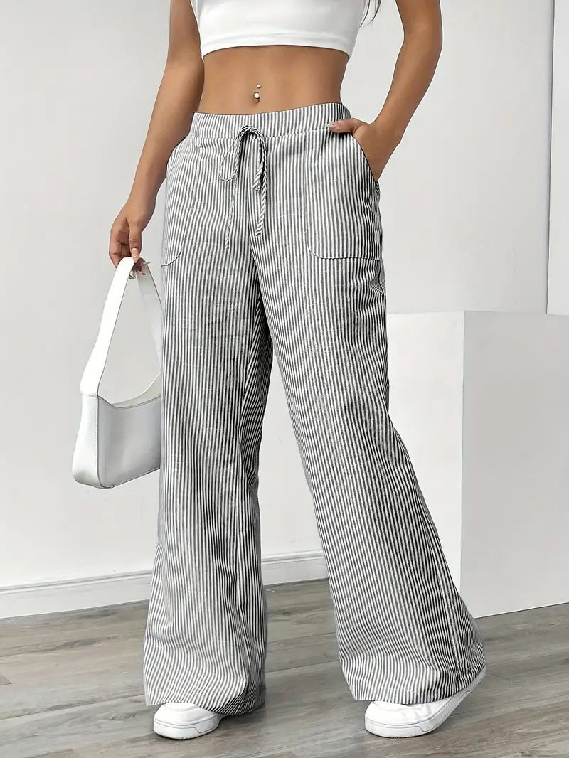 Women's Linen Wide-Leg Trousers with Vertical Stripes and Drawstring Waist | Lightweight Summer Trousers with Pockets | Koossa
