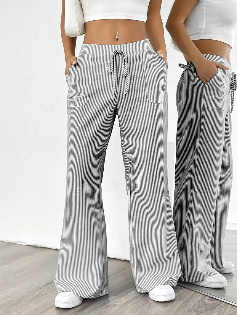 Women's Linen Wide-Leg Trousers with Vertical Stripes and Drawstring Waist | Lightweight Summer Trousers with Pockets | Koossa