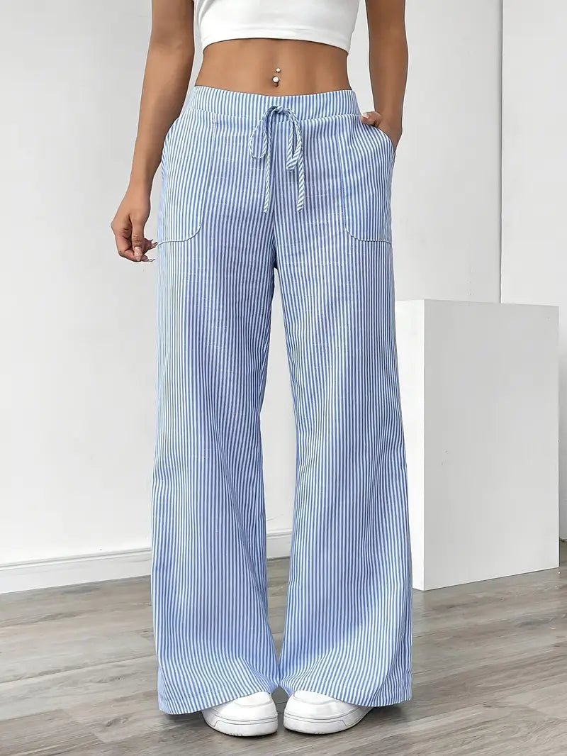 Women's Linen Wide-Leg Trousers with Vertical Stripes and Drawstring Waist | Lightweight Summer Trousers with Pockets | Koossa