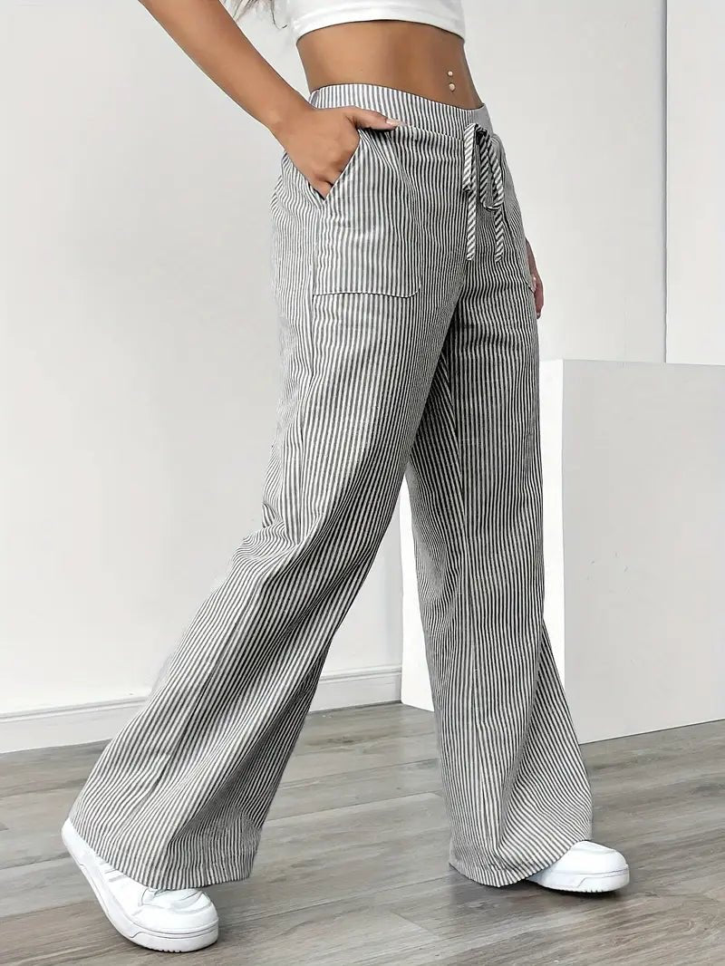 Women's Linen Wide-Leg Trousers with Vertical Stripes and Drawstring Waist | Lightweight Summer Trousers with Pockets | Koossa