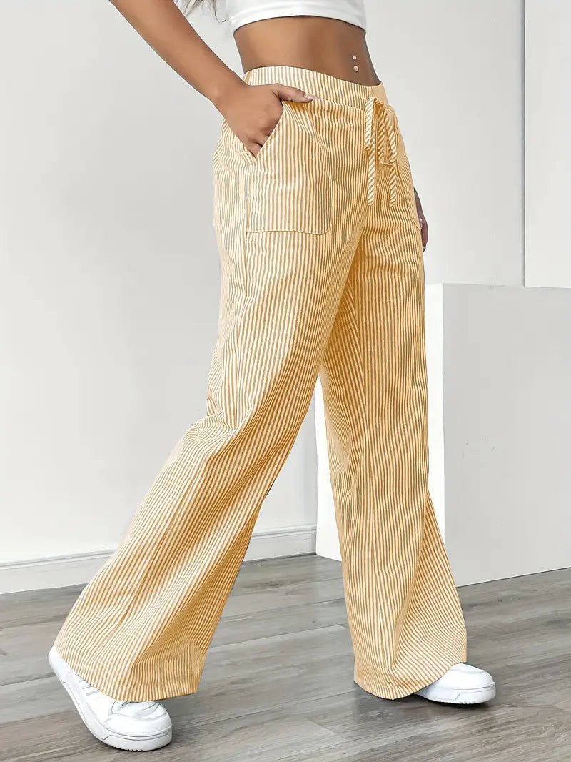 Women's Linen Wide-Leg Trousers with Vertical Stripes and Drawstring Waist | Lightweight Summer Trousers with Pockets | Koossa
