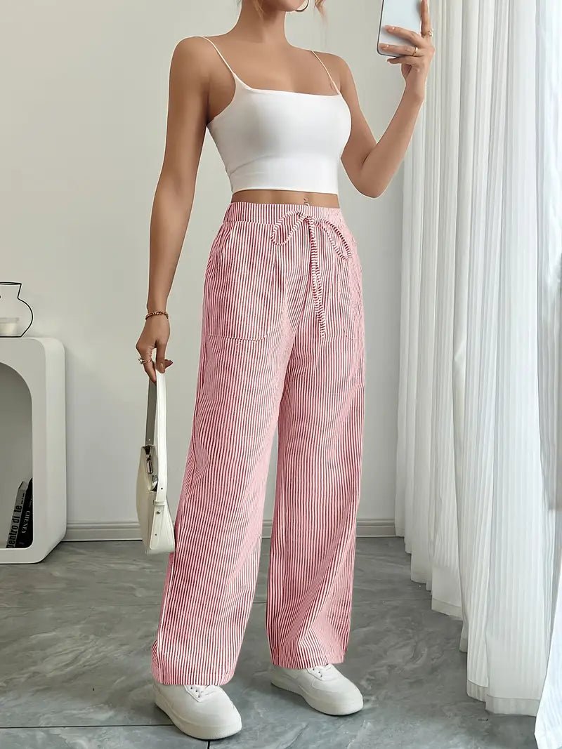 Women's Linen Wide-Leg Trousers with Vertical Stripes and Drawstring Waist | Lightweight Summer Trousers with Pockets | Koossa