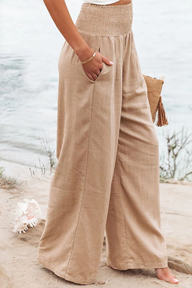Women's Linen Wide Leg Trousers | High Waisted Smocked Waist | Lightweight Flowing Design | Perfect for Summer Holidays Garden Parties Casual Days | Koossa