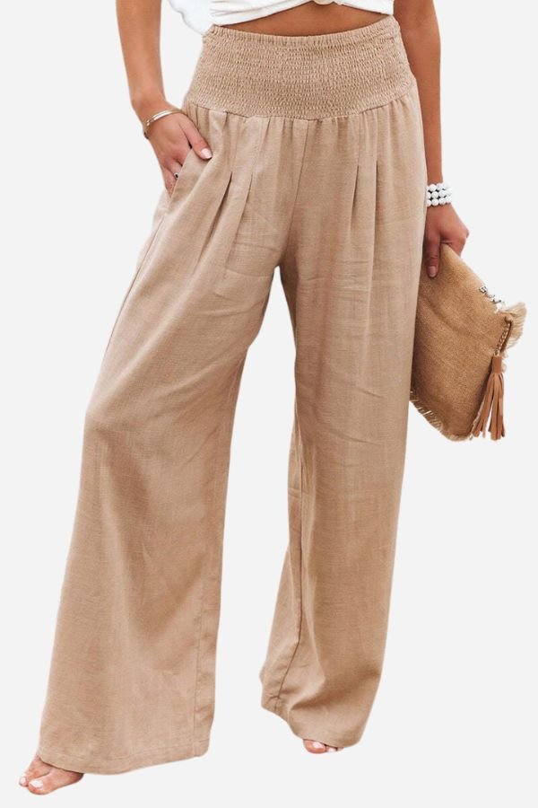 Women's Linen Wide Leg Trousers | High Waisted Smocked Waist | Lightweight Flowing Design | Perfect for Summer Holidays Garden Parties Casual Days | Koossa