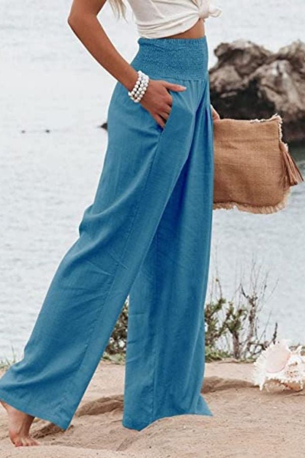 Women's Linen Wide Leg Trousers | High Waisted Smocked Waist | Lightweight Flowing Design | Perfect for Summer Holidays Garden Parties Casual Days | Koossa