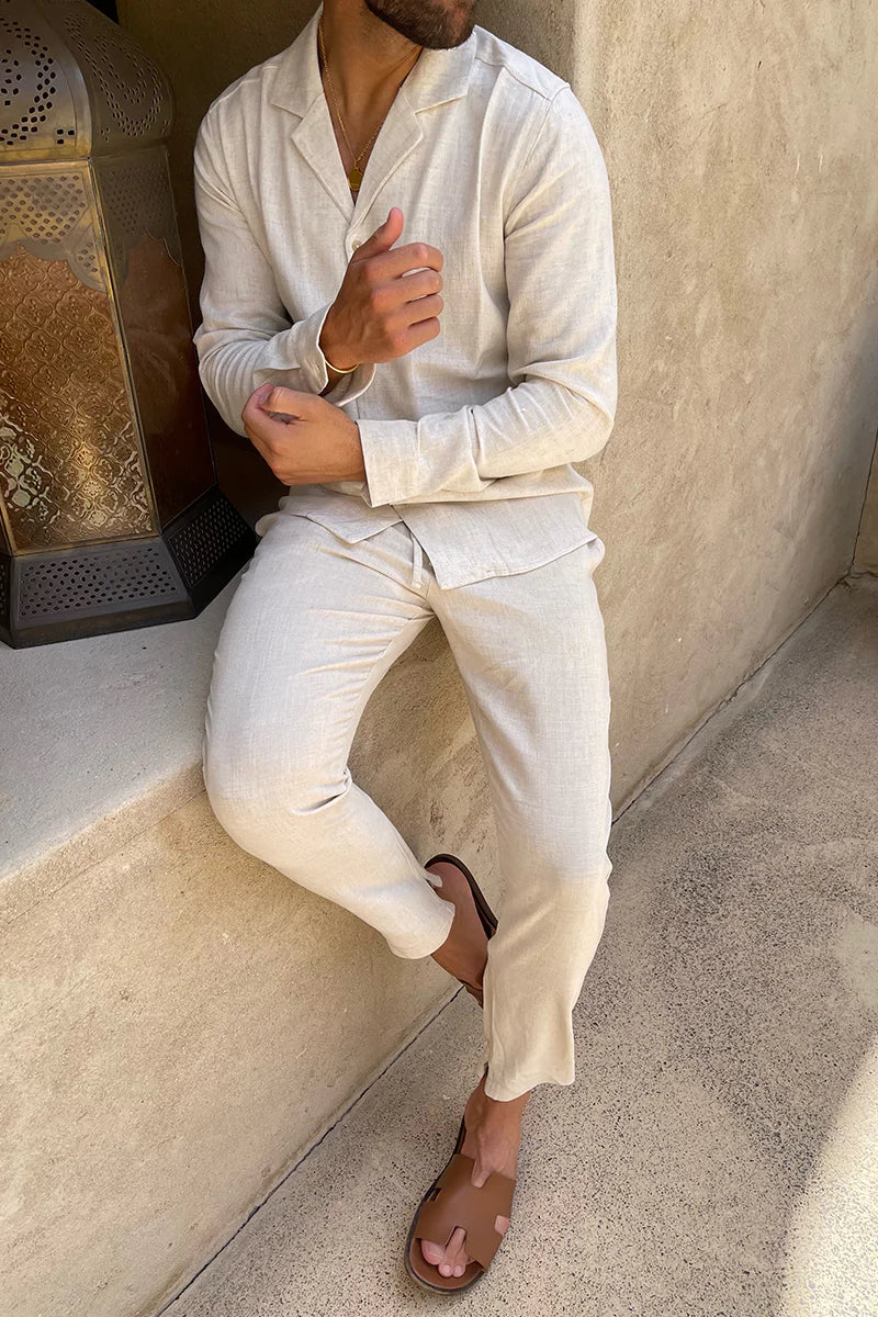 Linen-Blend Shirt and Trousers Co-ord Set in Beige for Smart-Casual Occasions | Koossa