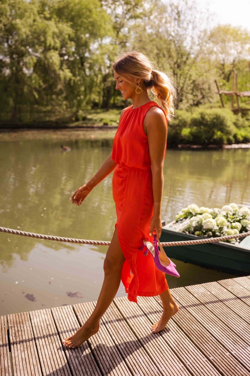 Women's High-Neck Sleeveless Midi Dress with Side Slit — Elegant Summer Dress for Warm Days & Evening Events | Koossa