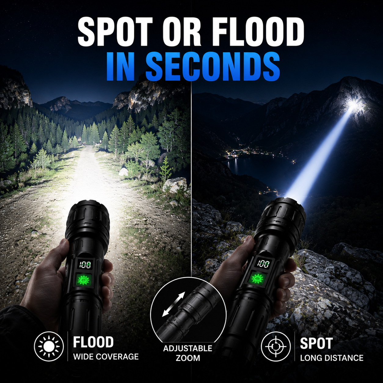 Lampe torche tactique rechargeable LED ultra-puissante étanche avec écran LCD fonction powerbank camping randonnée | Koossa