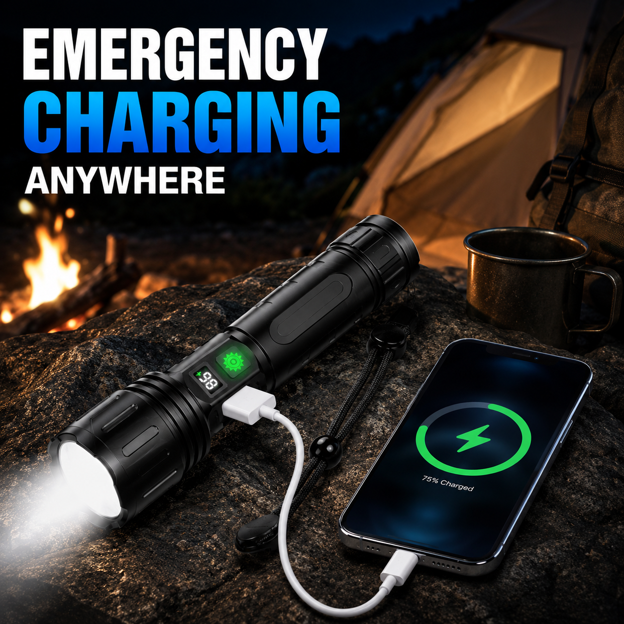 Lampe torche tactique rechargeable LED ultra-puissante étanche avec écran LCD fonction powerbank camping randonnée | Koossa