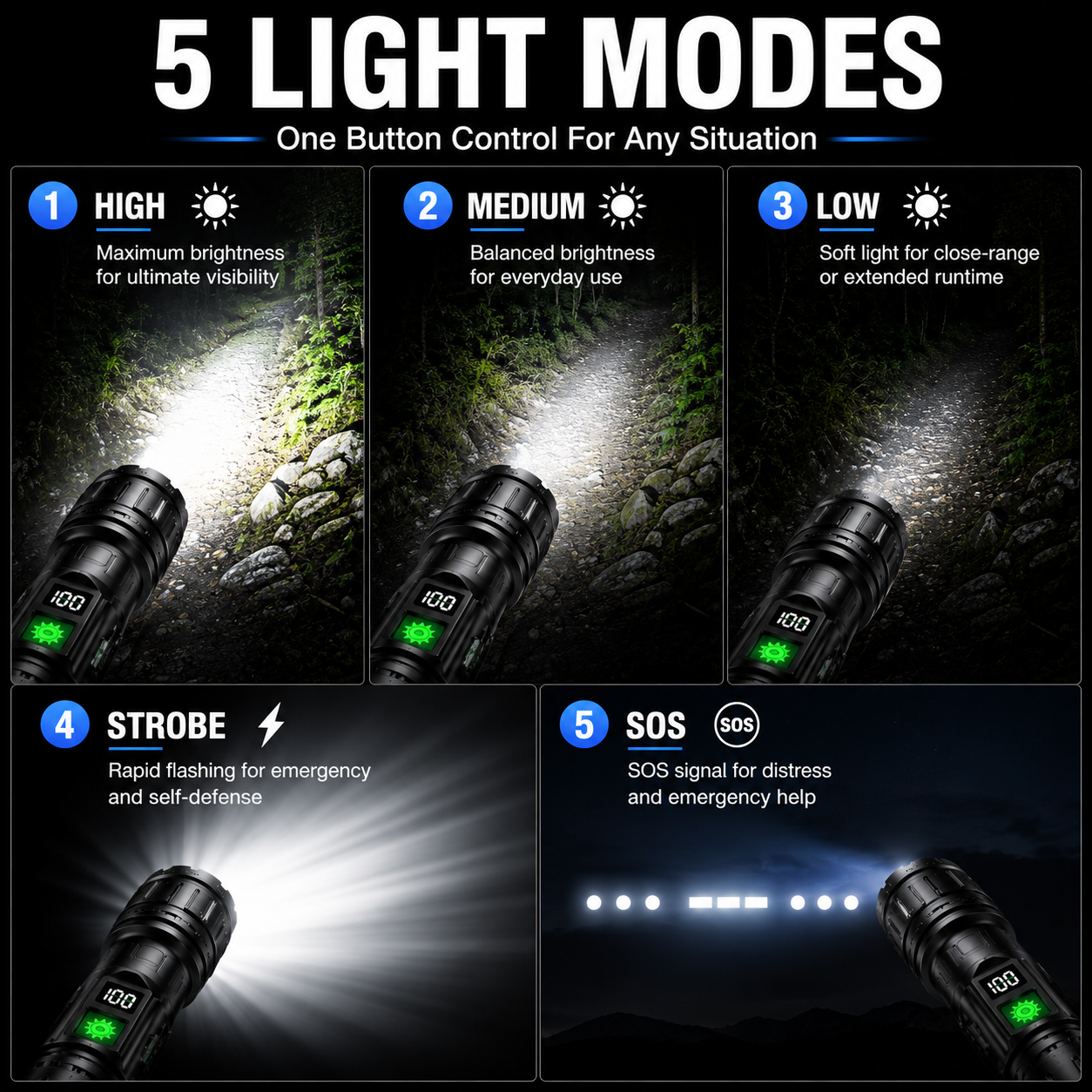 Lampe torche tactique rechargeable LED ultra-puissante étanche avec écran LCD fonction powerbank camping randonnée | Koossa