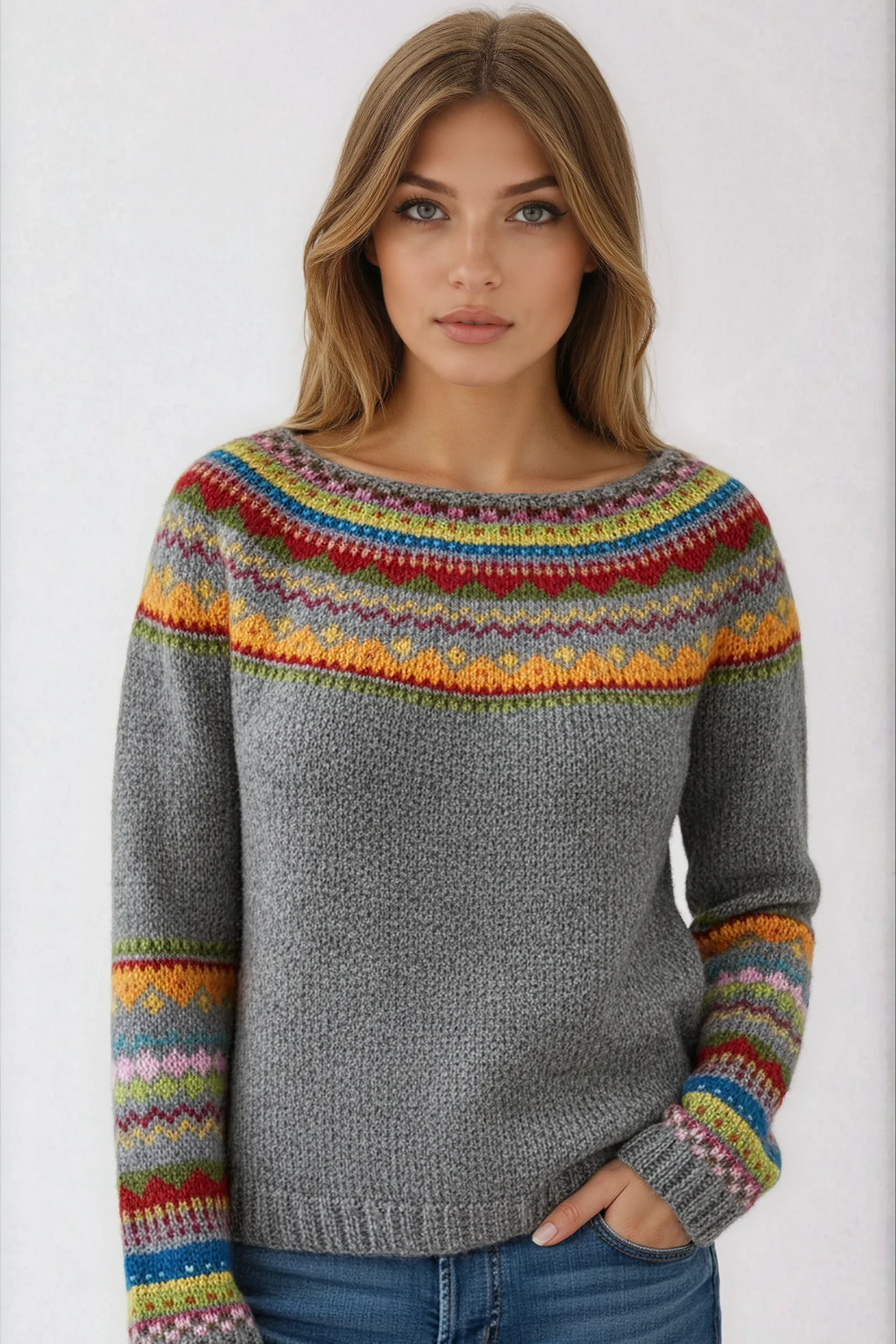 Women's Fair Isle Crew Neck Jumper — Classic Winter Knitwear with Traditional Yoke Pattern for Cosy Layering | Koossa
