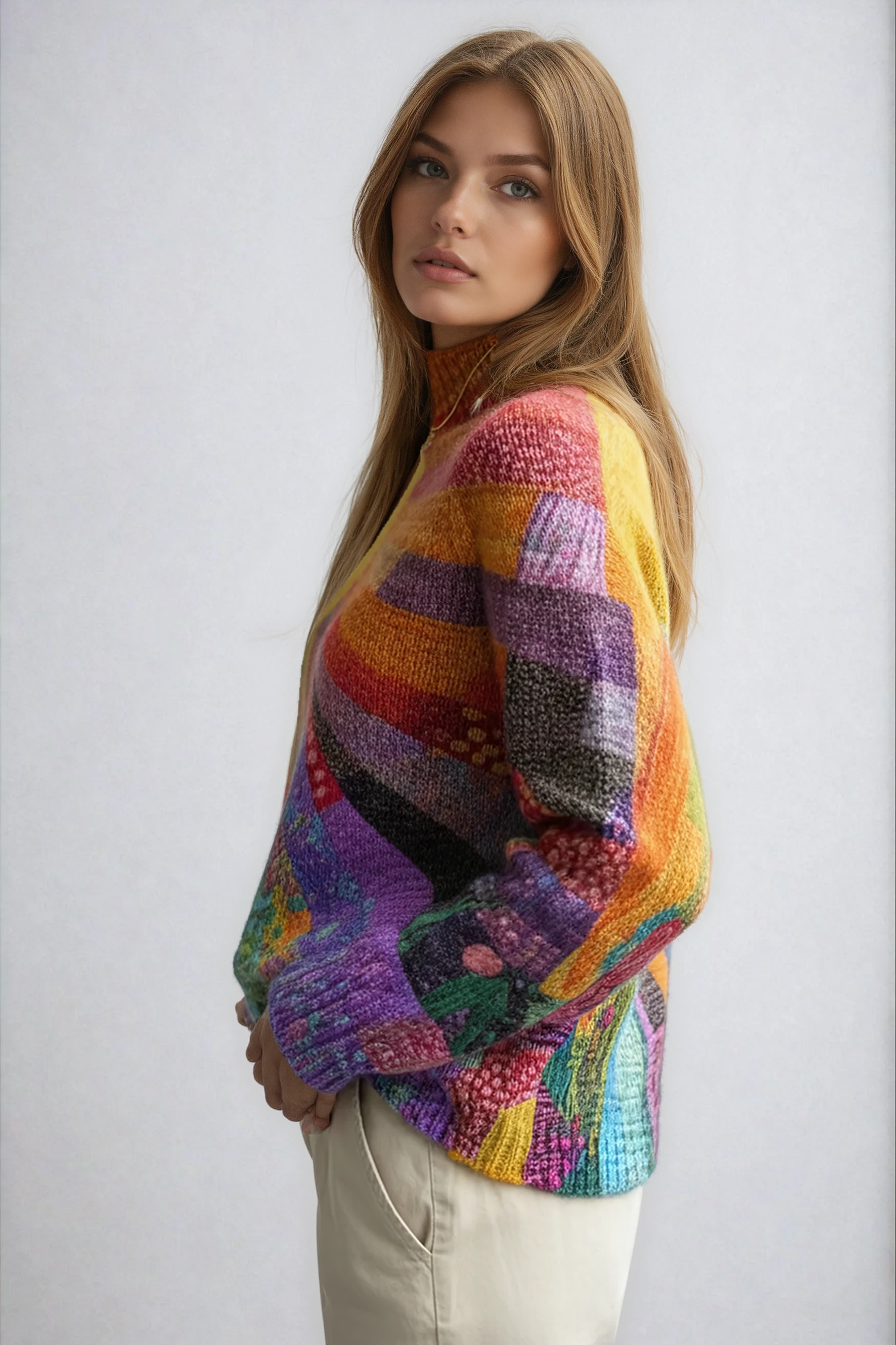 Women's High-Neck Jumper with Abstract Multicoloured Pattern | Koossa