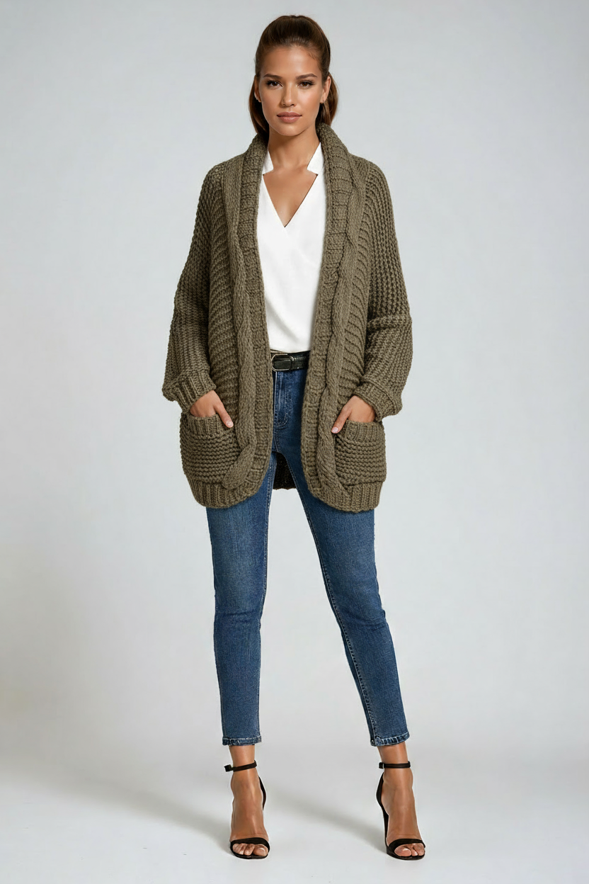 Chunky Knit Open-Front Cardigan in Soft Wool Blend Grey Beige Pink Black Purple Green Orange | Relaxed Layering Piece Long Sleeve Pockets | Koossa