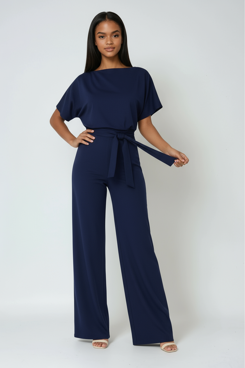 Wide-Leg Jumpsuit with Detachable Tie-Belt in Lightweight Fabric | Koossa