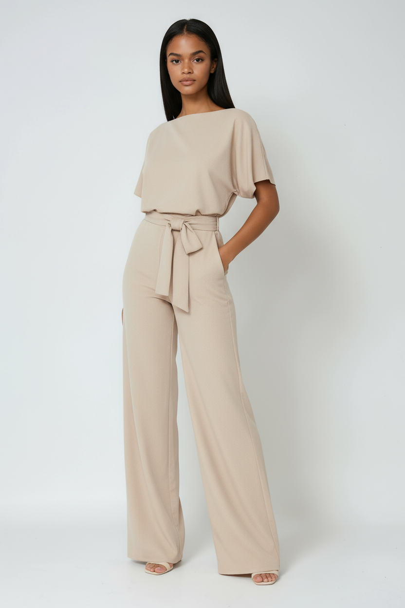 Wide-Leg Jumpsuit with Detachable Tie-Belt in Lightweight Fabric | Koossa