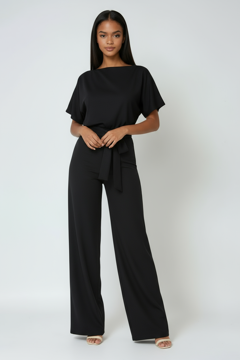 Wide-Leg Jumpsuit with Detachable Tie-Belt in Lightweight Fabric | Koossa