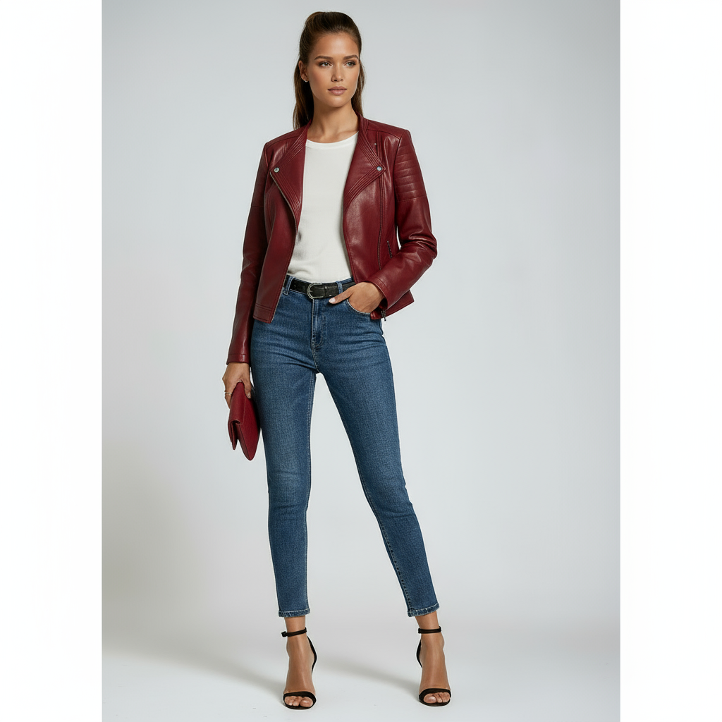 Women's Tailored Faux Leather Biker Jacket in Black, Red & Beige for Evening & Weekend | Koossa