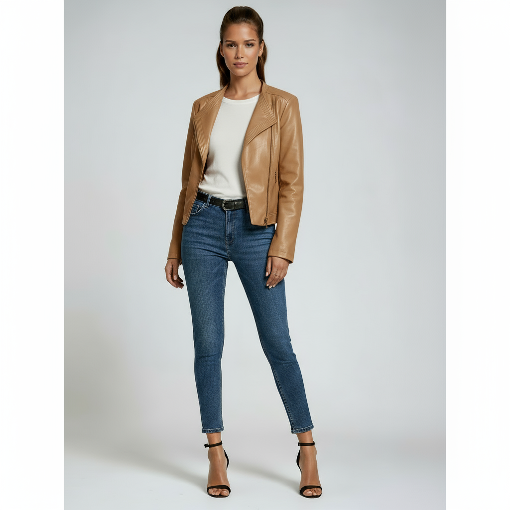 Women's Tailored Faux Leather Biker Jacket in Black, Red & Beige for Evening & Weekend | Koossa