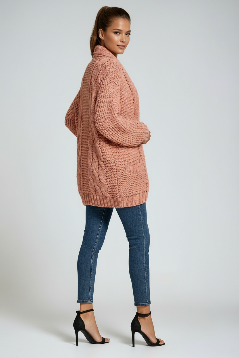 Chunky Knit Open-Front Cardigan in Soft Wool Blend Grey Beige Pink Black Purple Green Orange | Relaxed Layering Piece Long Sleeve Pockets | Koossa