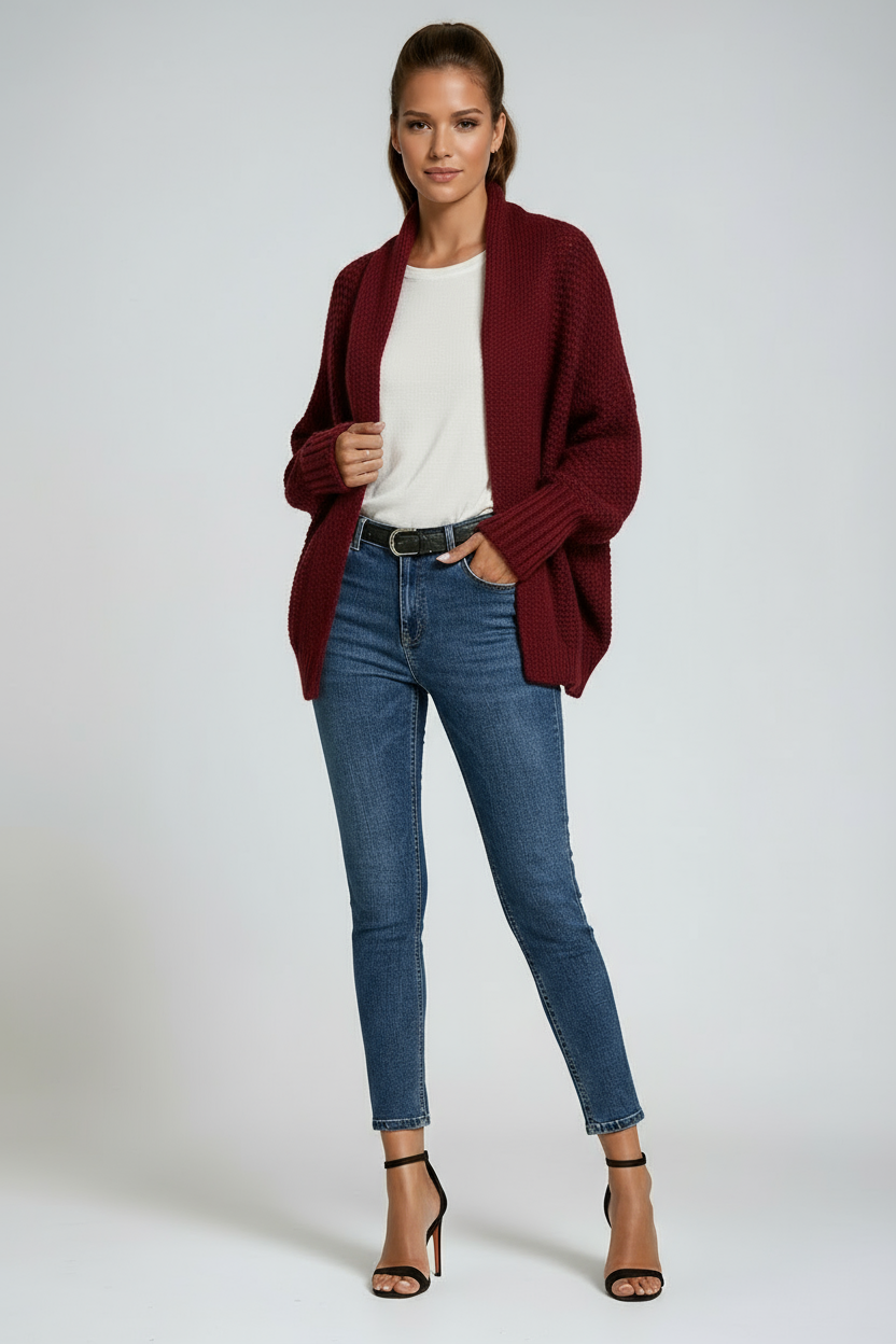 Draped Open-Front Knitted Cardigan in Soft Ribbed-Cuff Fabric for Effortless Layering and Year-Round Elegance | Koossa