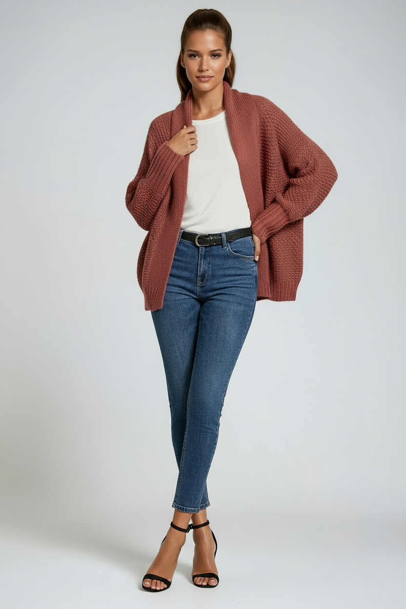 Draped Open-Front Knitted Cardigan in Soft Ribbed-Cuff Fabric for Effortless Layering and Year-Round Elegance | Koossa