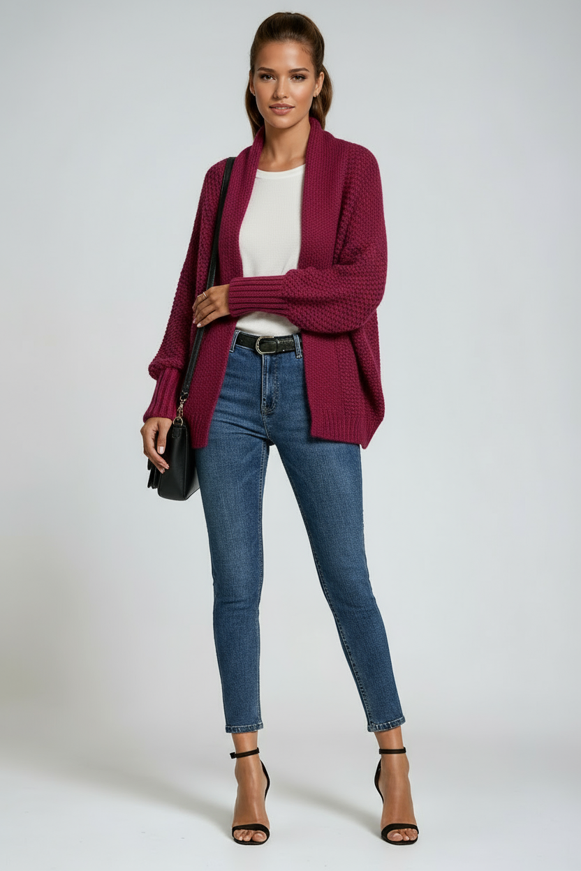 Draped Open-Front Knitted Cardigan in Soft Ribbed-Cuff Fabric for Effortless Layering and Year-Round Elegance | Koossa
