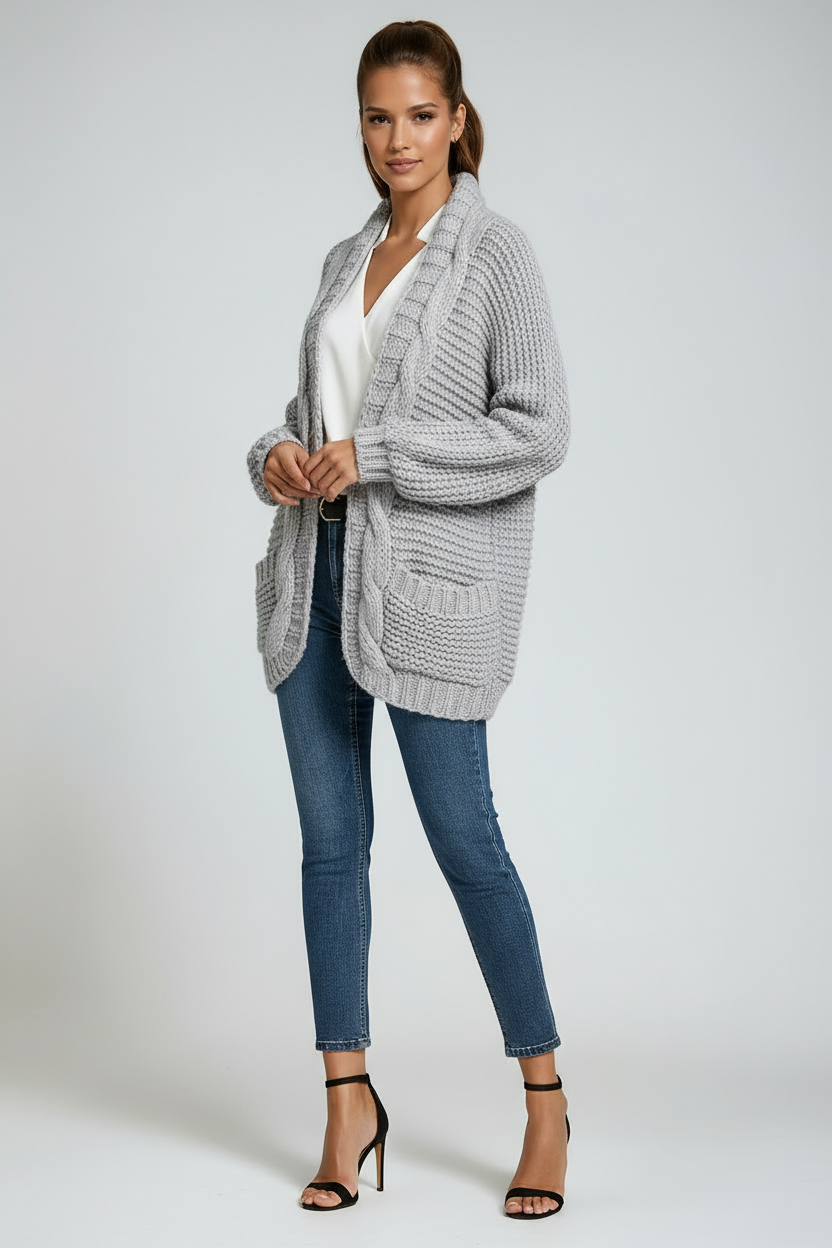 Chunky Knit Open-Front Cardigan in Soft Wool Blend Grey Beige Pink Black Purple Green Orange | Relaxed Layering Piece Long Sleeve Pockets | Koossa