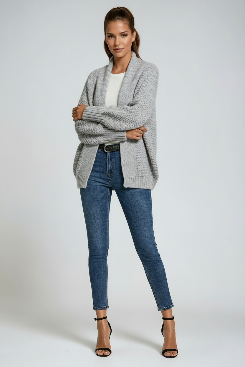 Draped Open-Front Knitted Cardigan in Soft Ribbed-Cuff Fabric for Effortless Layering and Year-Round Elegance | Koossa