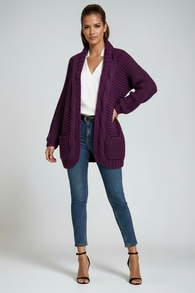 Chunky Knit Open-Front Cardigan in Soft Wool Blend Grey Beige Pink Black Purple Green Orange | Relaxed Layering Piece Long Sleeve Pockets | Koossa