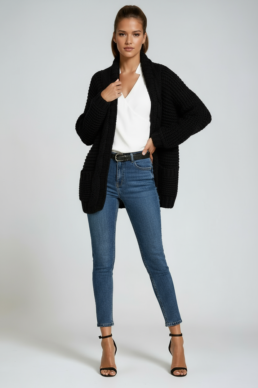 Chunky Knit Open-Front Cardigan in Soft Wool Blend Grey Beige Pink Black Purple Green Orange | Relaxed Layering Piece Long Sleeve Pockets | Koossa
