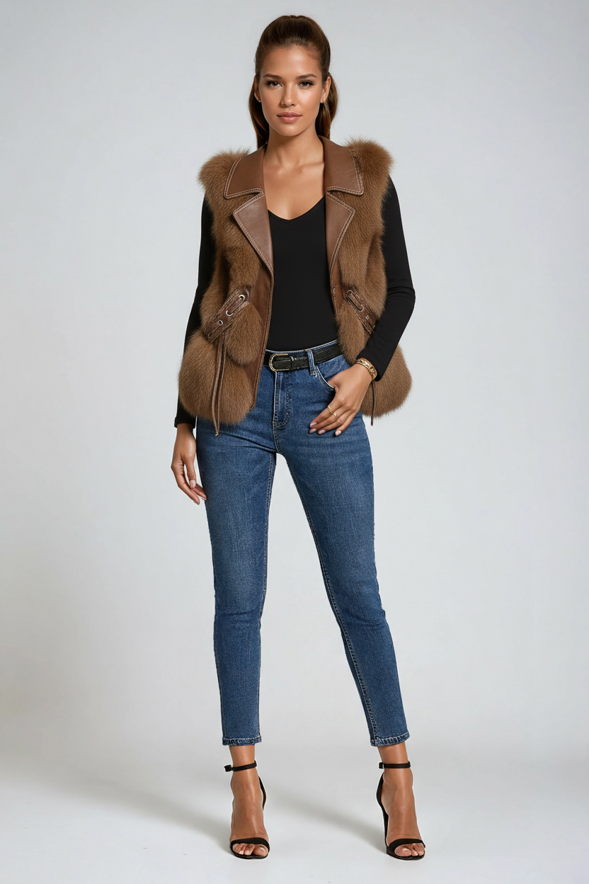 Faux Fur Sleeveless Gilet in Ivory, Brown and Black | Koossa