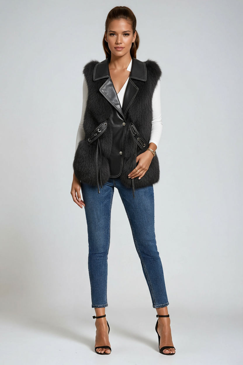 Faux Fur Sleeveless Gilet in Ivory, Brown and Black | Koossa