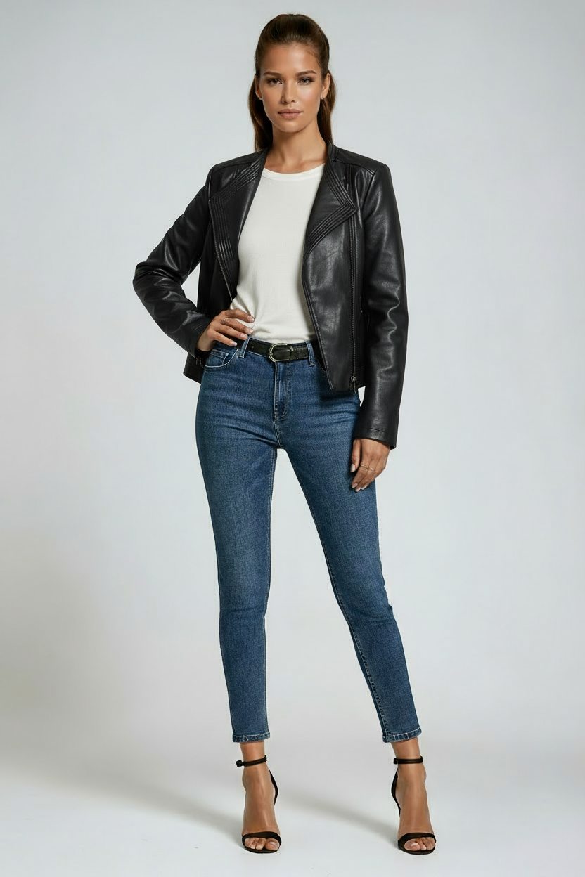Women's Tailored Faux Leather Biker Jacket in Black, Red & Beige for Evening & Weekend | Koossa