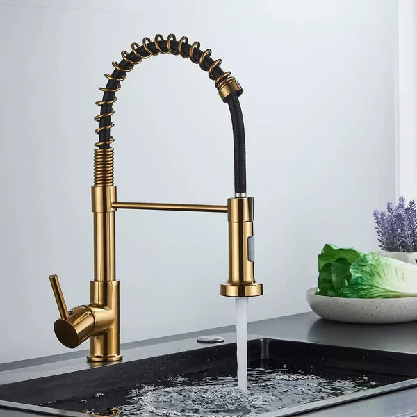 Mitigeur de cuisine professionnel avec douchette extractible col rotatif 360° en laiton acier inoxydable | Koossa