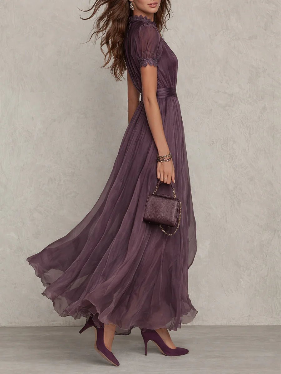 Women's Floor-Length Dress with Keyhole Neckline and Gathered Sleeves in Rich Purple | Koossa