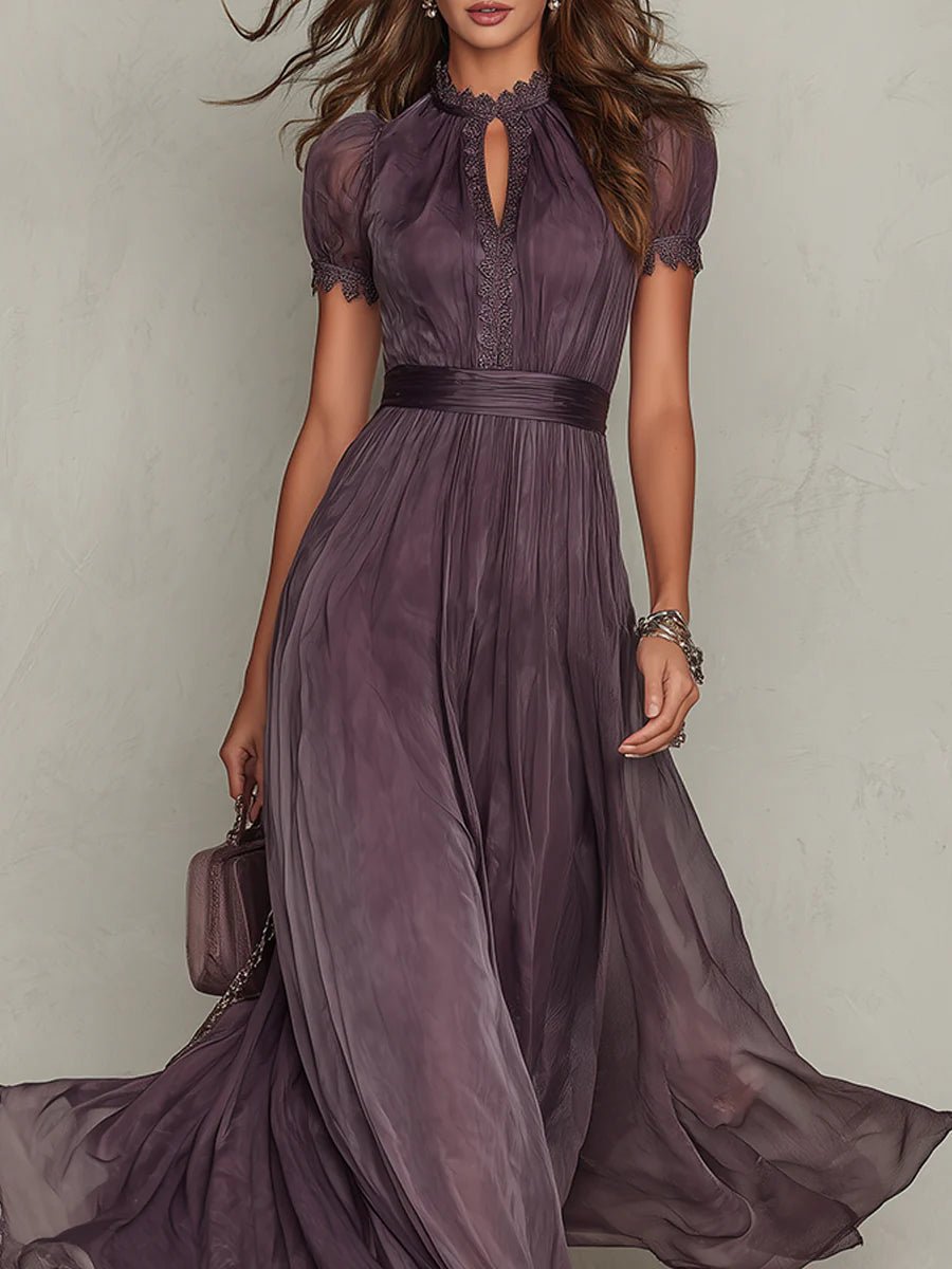 Women's Floor-Length Dress with Keyhole Neckline and Gathered Sleeves in Rich Purple | Koossa