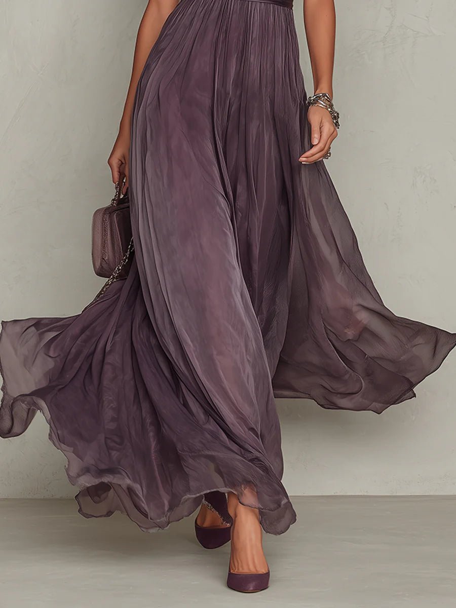 Women's Floor-Length Dress with Keyhole Neckline and Gathered Sleeves in Rich Purple | Koossa