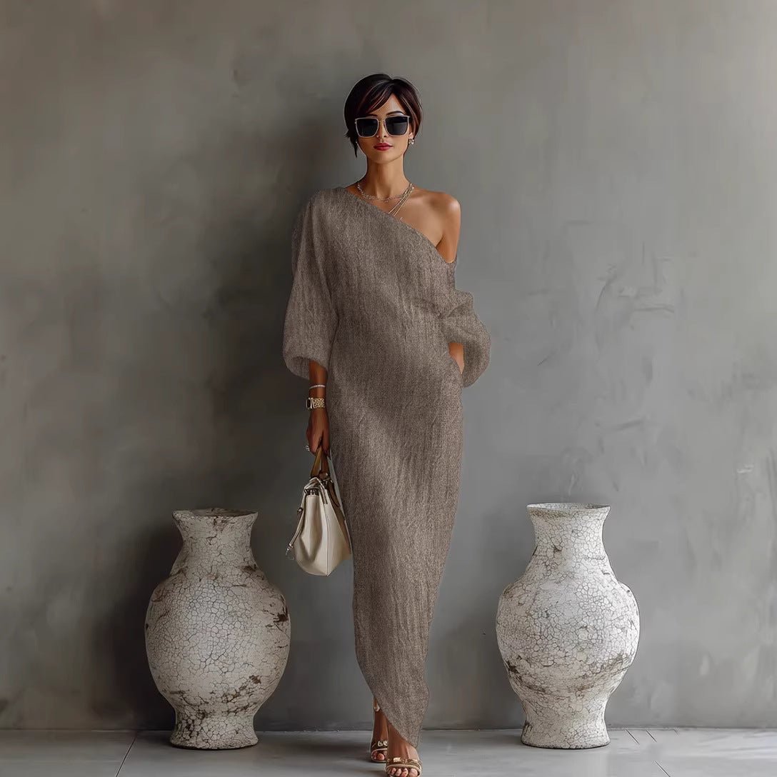 Women's One-Shoulder Linen Maxi Dress in Grey, White, Blue & Black for Garden Parties & Coastal Holidays | Relaxed Loose Fit Asymmetric Neckline Statement Lantern Sleeve Summer Evening Dress | Koossa