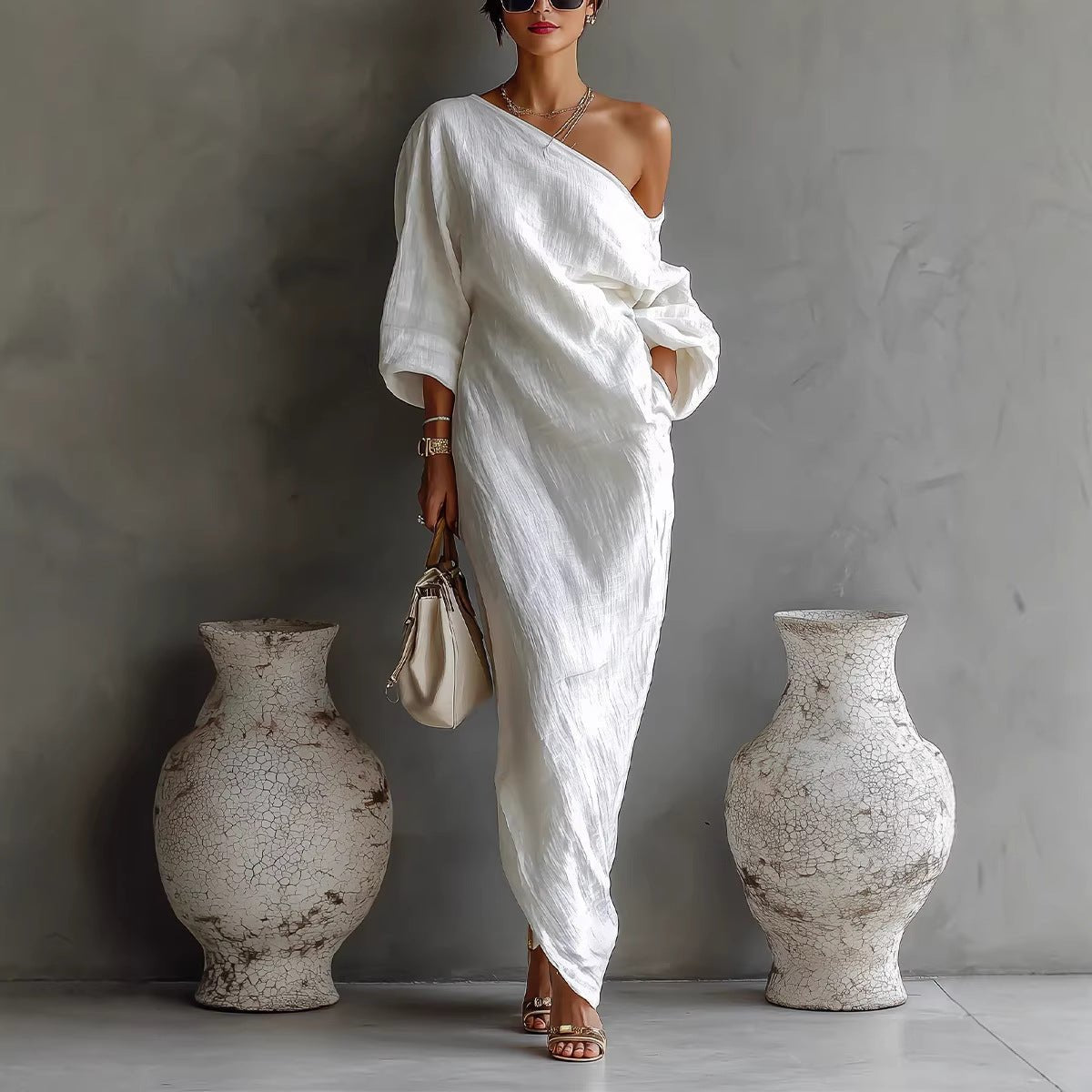 Women's One-Shoulder Linen Maxi Dress in Grey, White, Blue & Black for Garden Parties & Coastal Holidays | Relaxed Loose Fit Asymmetric Neckline Statement Lantern Sleeve Summer Evening Dress | Koossa