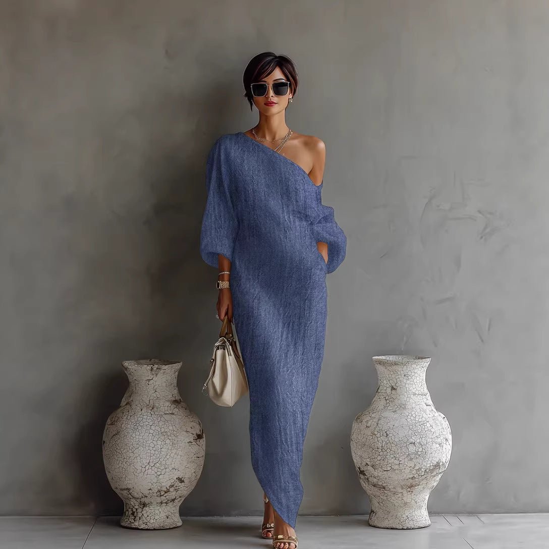 Women's One-Shoulder Linen Maxi Dress in Grey, White, Blue & Black for Garden Parties & Coastal Holidays | Relaxed Loose Fit Asymmetric Neckline Statement Lantern Sleeve Summer Evening Dress | Koossa