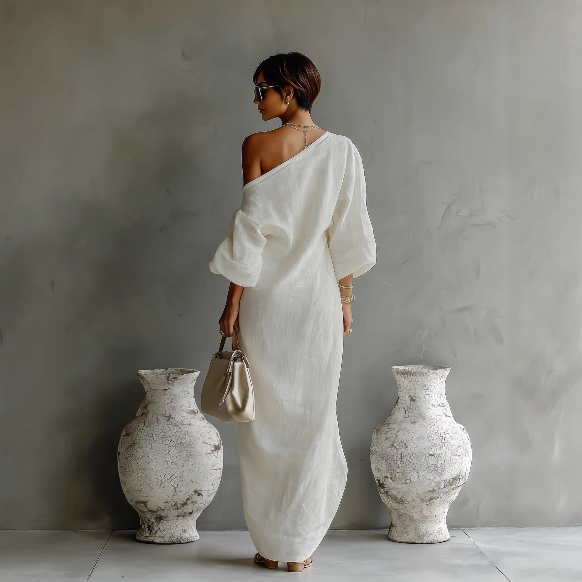 Women's One-Shoulder Linen Maxi Dress in Grey, White, Blue & Black for Garden Parties & Coastal Holidays | Relaxed Loose Fit Asymmetric Neckline Statement Lantern Sleeve Summer Evening Dress | Koossa