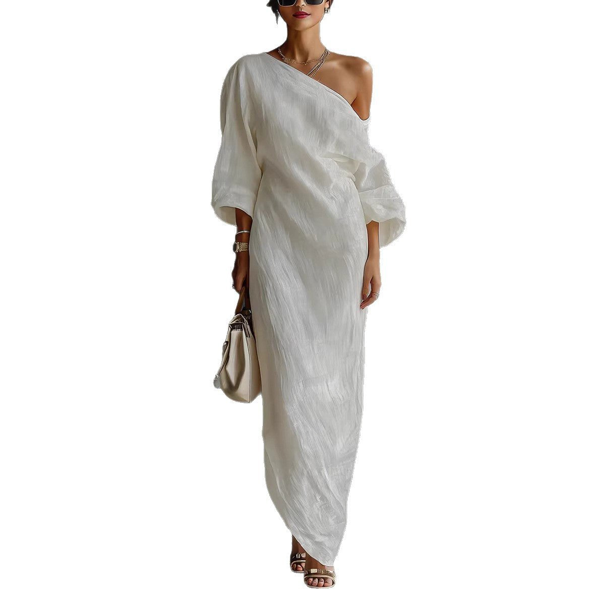 Women's One-Shoulder Linen Maxi Dress in Grey, White, Blue & Black for Garden Parties & Coastal Holidays | Relaxed Loose Fit Asymmetric Neckline Statement Lantern Sleeve Summer Evening Dress | Koossa