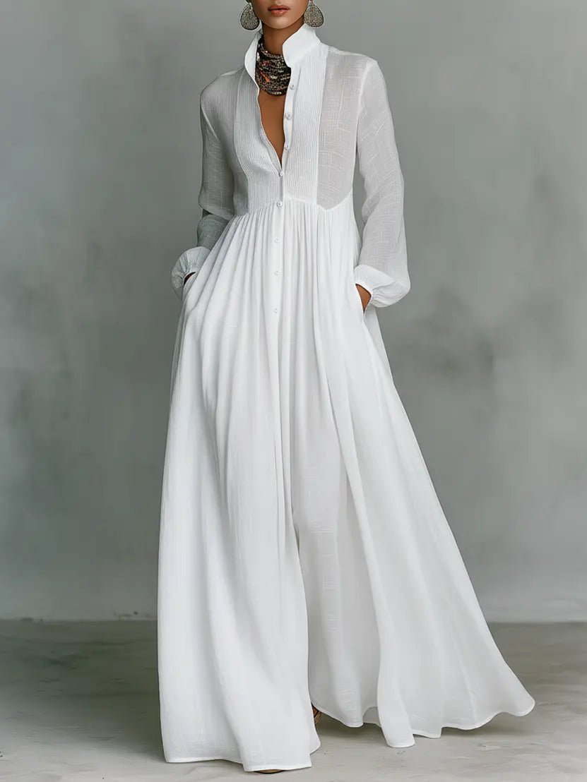 Stand-Collar Maxi Dress in Natural Cotton-Linen Blend | Breathable Long-Sleeve Button-Through Design with Relaxed Silhouette and Practical Pockets | Koossa