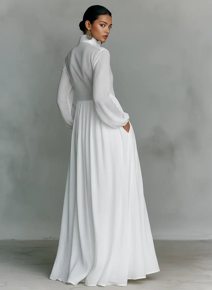 Stand-Collar Maxi Dress in Natural Cotton-Linen Blend | Breathable Long-Sleeve Button-Through Design with Relaxed Silhouette and Practical Pockets | Koossa